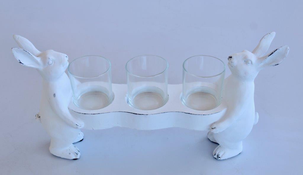 2 White Bunnies 3 Glass Tea Light Holder